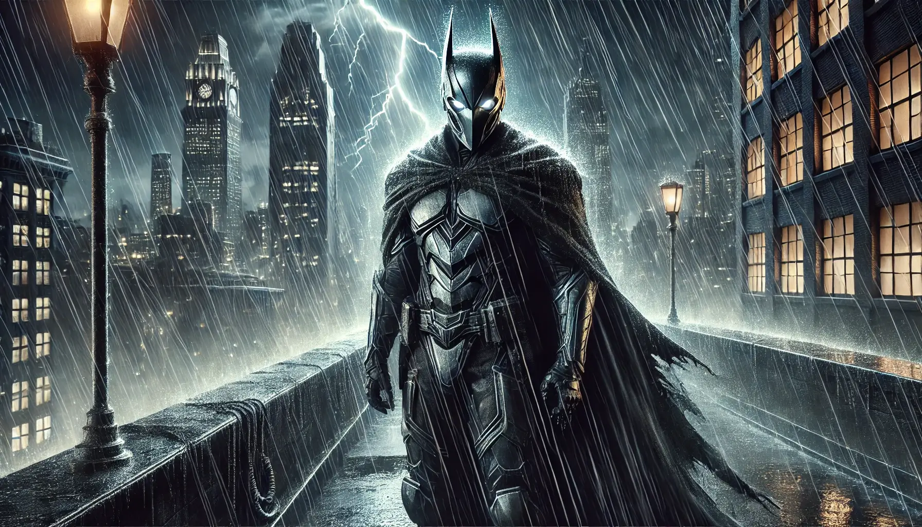 version où le Batman Arkham Shadow porte un masque en forme de chauve-souris, dans un style ultra-réaliste et sombre.